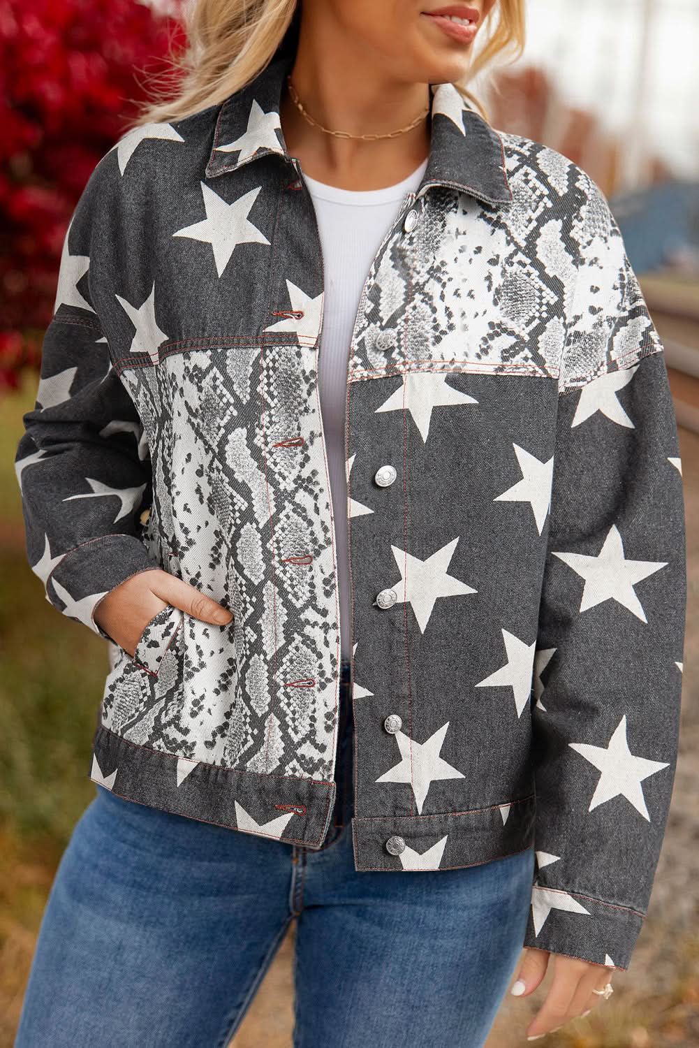 Black Star Snakeskin Printed Patchwork Denim Jacket - Love Salve